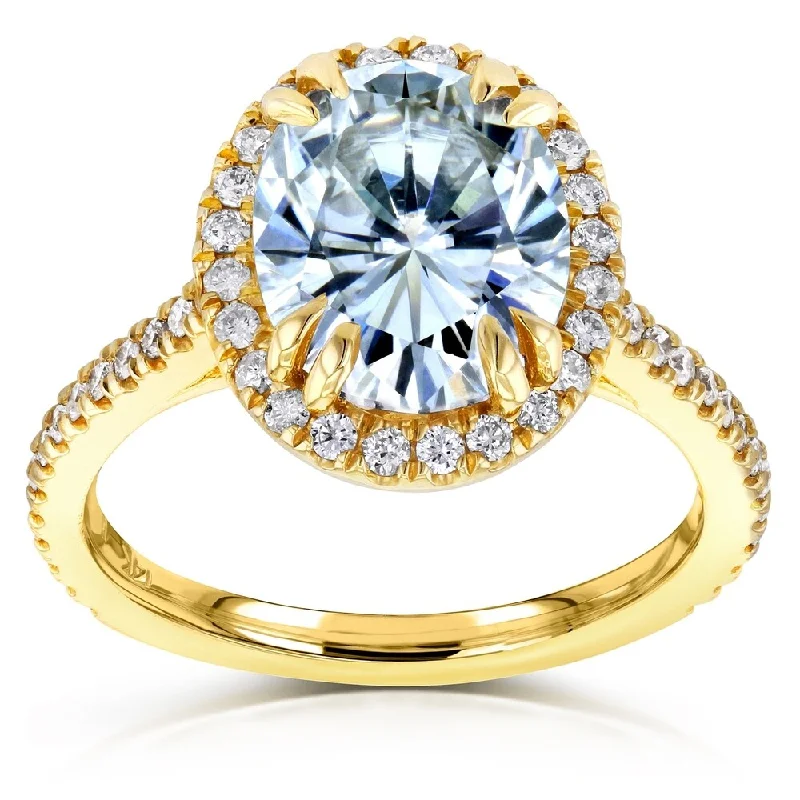 Annello by Kobelli 14k Yellow Gold 3 2/5ct TGW Oval Moissanite and Diamond Halo Engagement Ring (GH/VS, GH/I)