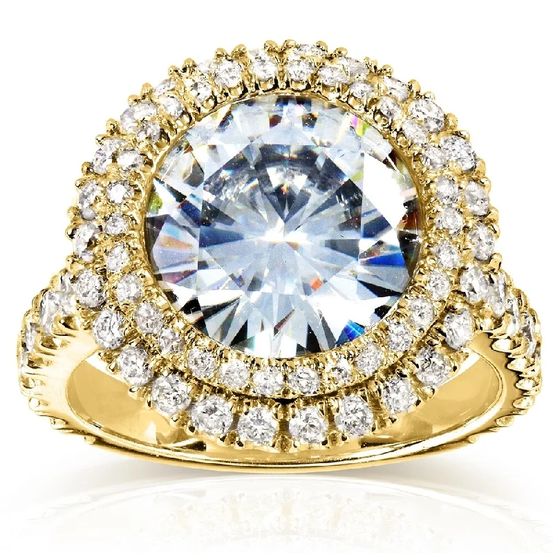 Annello by Kobelli 14k Yellow Gold 5 7/8ct TGW Large Moissanite and Diamond Round Double Halo Statement Ring (HI/VS, GH/I)