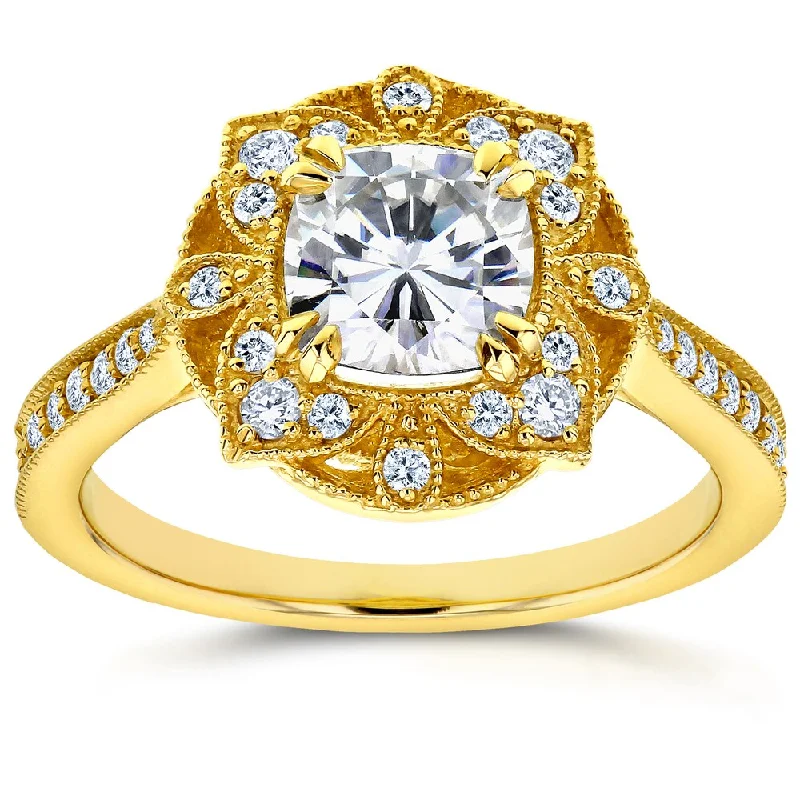 Annello by Kobelli 14k Yellow Gold Cushion Forever One Moissanite and 1/4ct TDW Diamond Floral Antiq