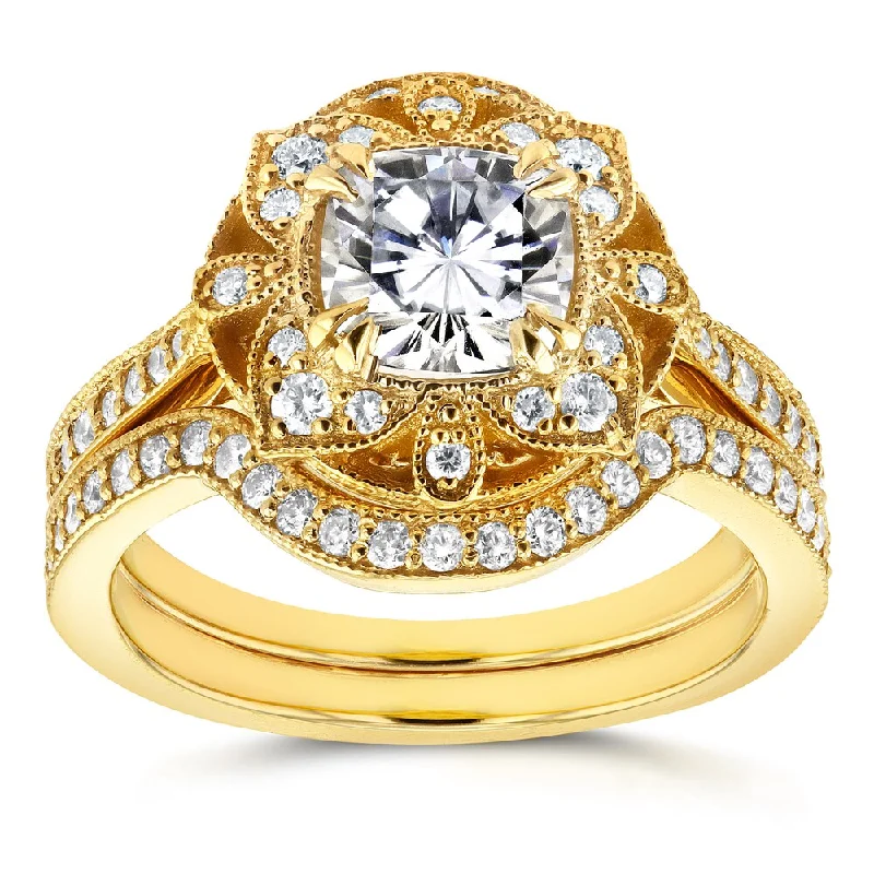 Annello by Kobelli 14k Yellow Gold Cushion Moissanite and 1/2ct TDW Diamond 2-Piece Floral Antique Bridal Set