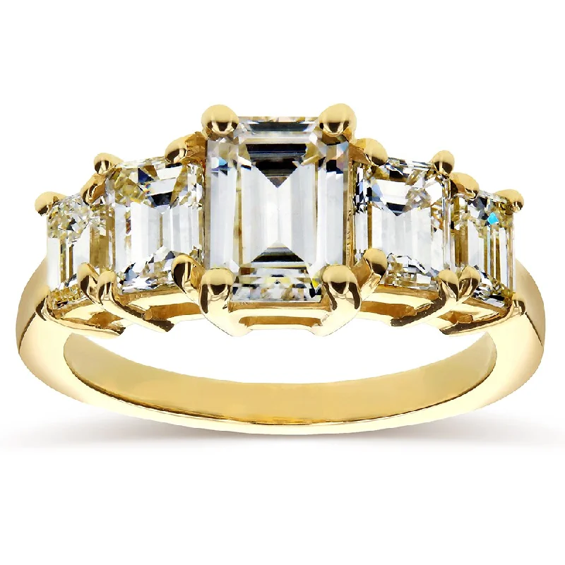 Annello by Kobelli 14k Yellow Gold Emerald-cut Moissanite and 1 1/3ct TDW Diamond Five Stone Engagem