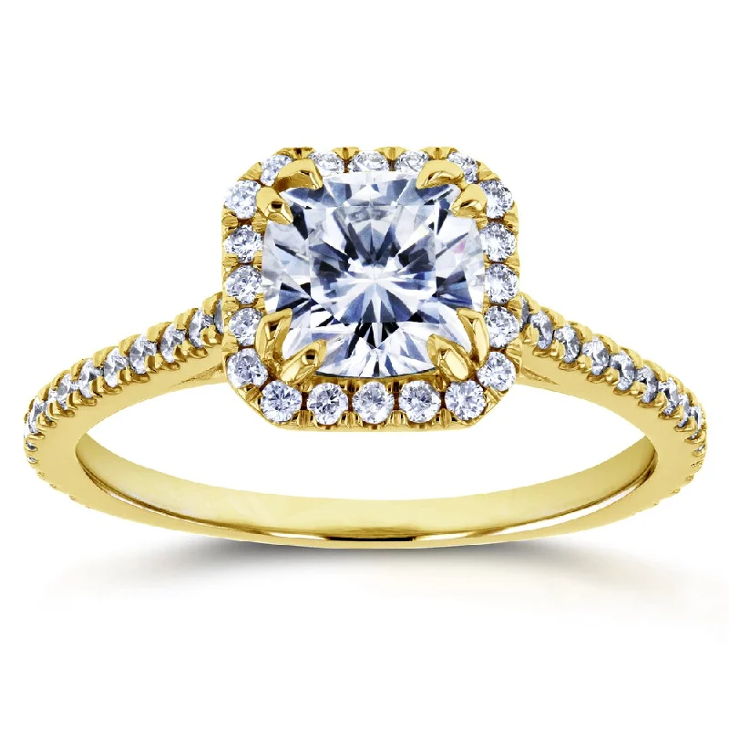 Annello by Kobelli 14k Yellow Gold Forever One Cushion Moissanite and 1/3ct TDW Diamond Halo Engagement Ring (GH, I1-I2)