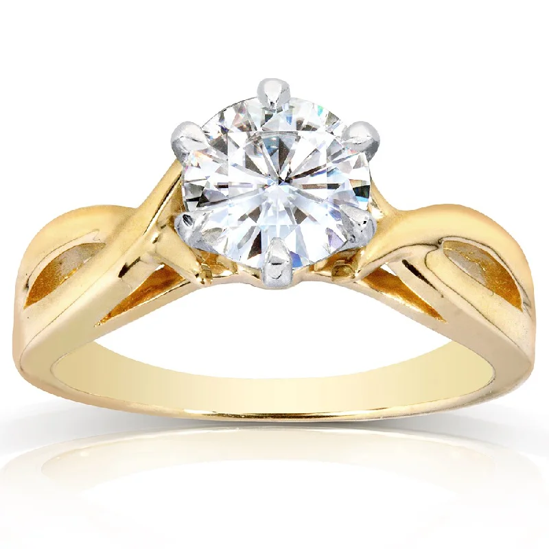 Annello by Kobelli 14k Yellow Gold One Carat Forever One Moissanite Six Prong Crossover Solitaire En