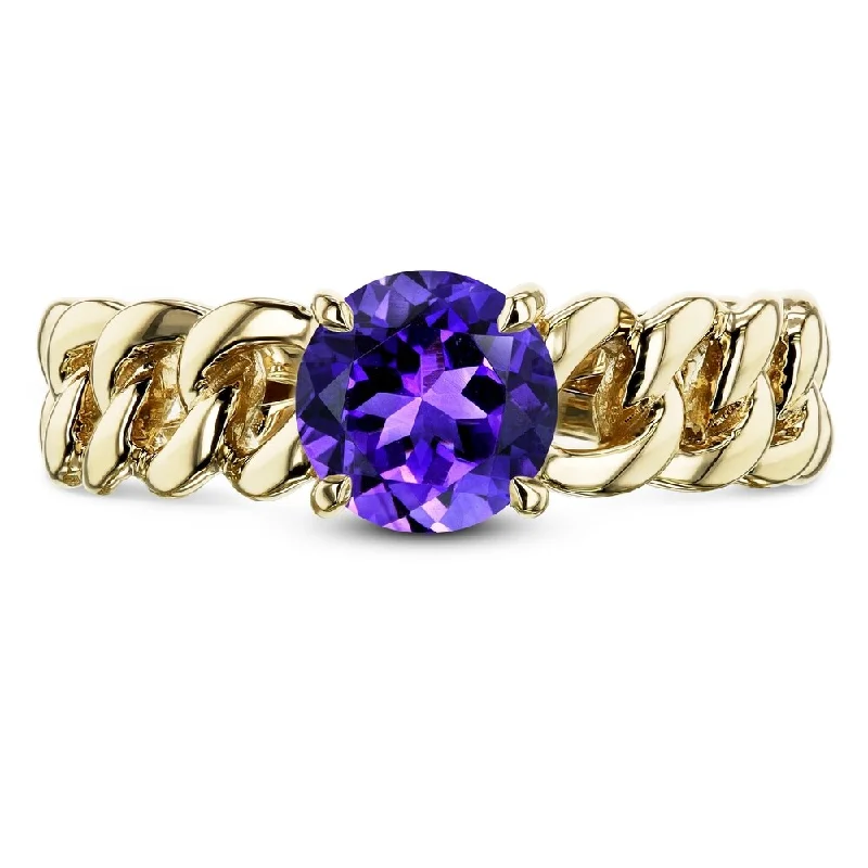 Annello by Kobelli 14k Yellow Gold Round Amethyst Solitaire Chain Link Ring