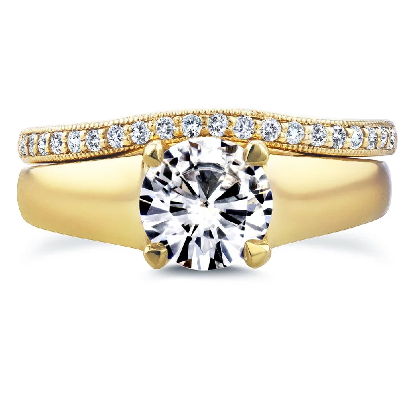 Annello by Kobelli 14k Yellow Gold Round Cut Moissanite Solitaire and 1/6ct TDW Diamond Band Bridal