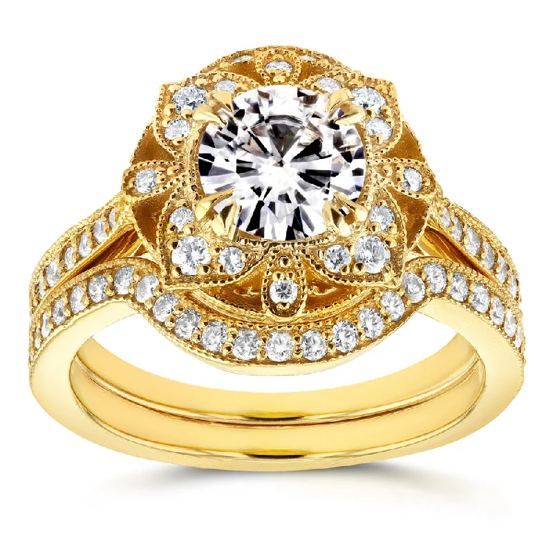 Annello by Kobelli 14k Yellow Gold Round Moissanite and 1/2ct TDW Diamond 2-Piece Floral Antique Bridal Ring Set (2pc0