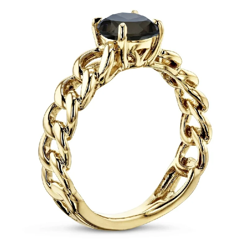 Annello by Kobelli 14k Yellow Gold Round Smoky Quartz Solitaire Chain Link Ring