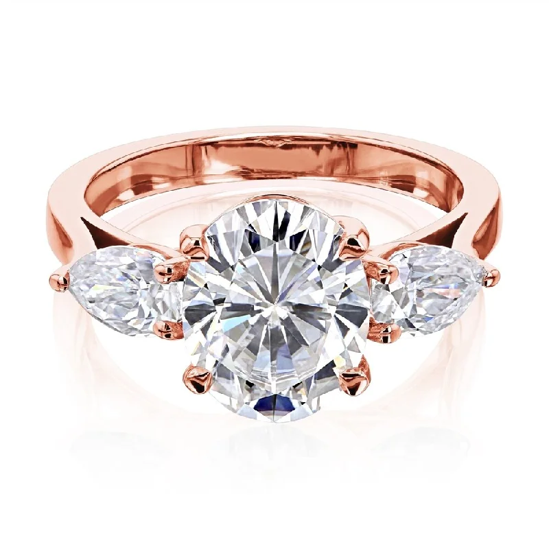 Annello by Kobelli 3.86ct TGW Three Stone Trellis X-Prong Oval and Pear Moissanite Engagement Ring in 14k Gold (GH/VS)