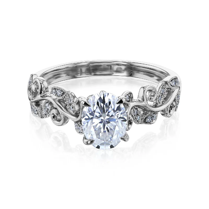 Annello by Kobelli Daphne Diamond Wreath 14k Solid White Gold Oval Moissanite Centered Floral Engagement Ring