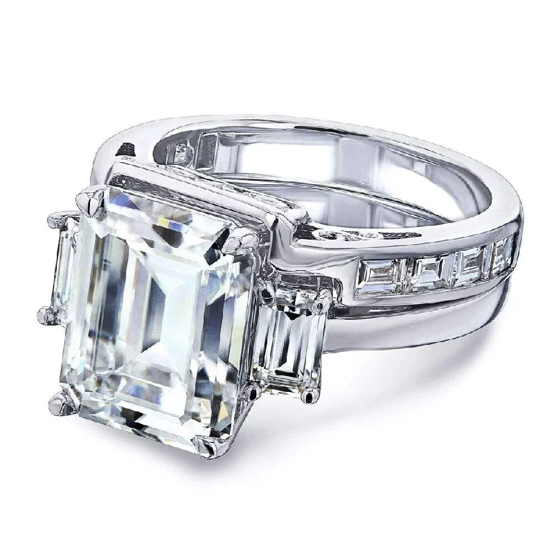 Annello by Kobelli Echo 14k White Gold 5.90 Carats TGW 3-Stone Emerald Moissanite and Baguette Diamond Bridal Rings Set.