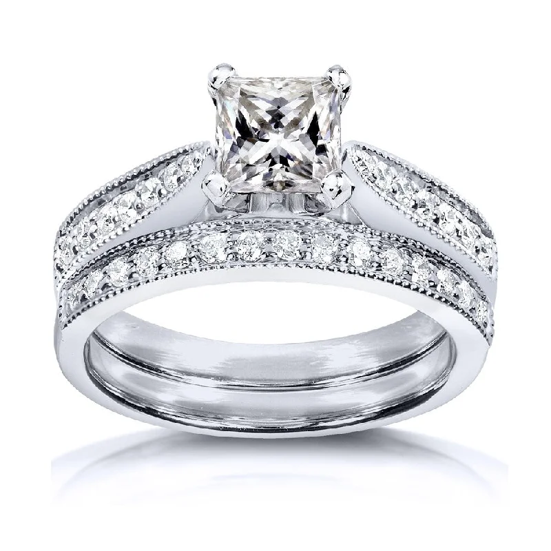 Annello by Kobelli Princess Moissanite and Diamond Vintage Bridal Set 1 1/4 CTW 14k White Gold