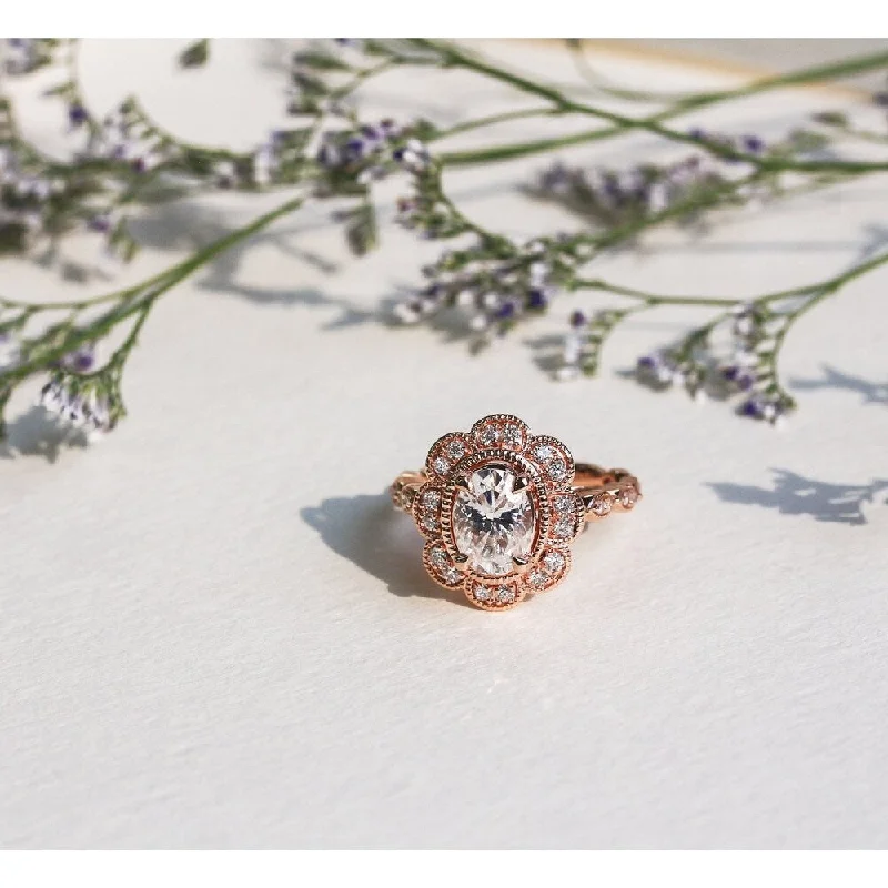 Annello by Kobelli The Royal Floral Oval 10k Rose Gold 1 7/8ct TGW Forever One Moissanite and Diamond Filigree Engagement Ring