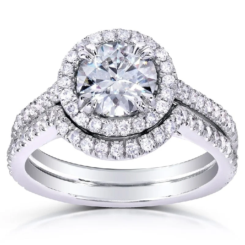 Annello by Kobelli White Gold 1 1/2ct TGW Round Moissanite and Diamond Halo Bridal Rings Set