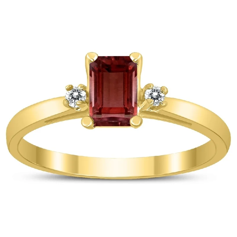 Emerald Cut 6X4MM Garnet and Diamond Three Stone Ring in 10K Yellow Gold