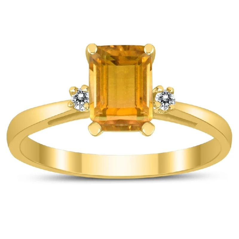 Emerald Cut 7X5MM Citrine and Diamond Three Stone Ring in 10K Yellow Gold