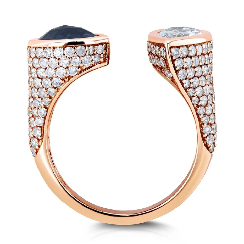 Kobelli Two Collection 18k Rose Gold Certified 3 7/8ct TDW Black and White Pear Diamond, Bezel and Pave Open Cuff Ring - Size 7