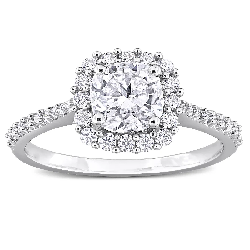 Miadora 1 3/8ct DEW Cushion-Cut Created Moissanite Halo Ring in Sterling Silver