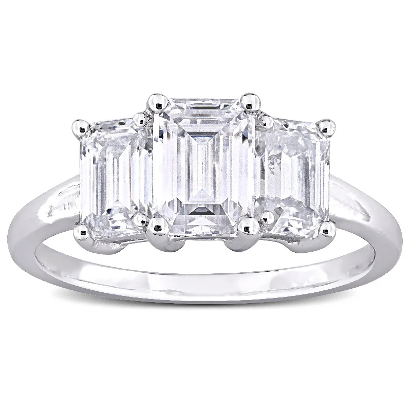 Miadora 2 1/5ct DEW Emerald-cut Created Moissanite Three-Stone Engagement Ring in Sterling Silver