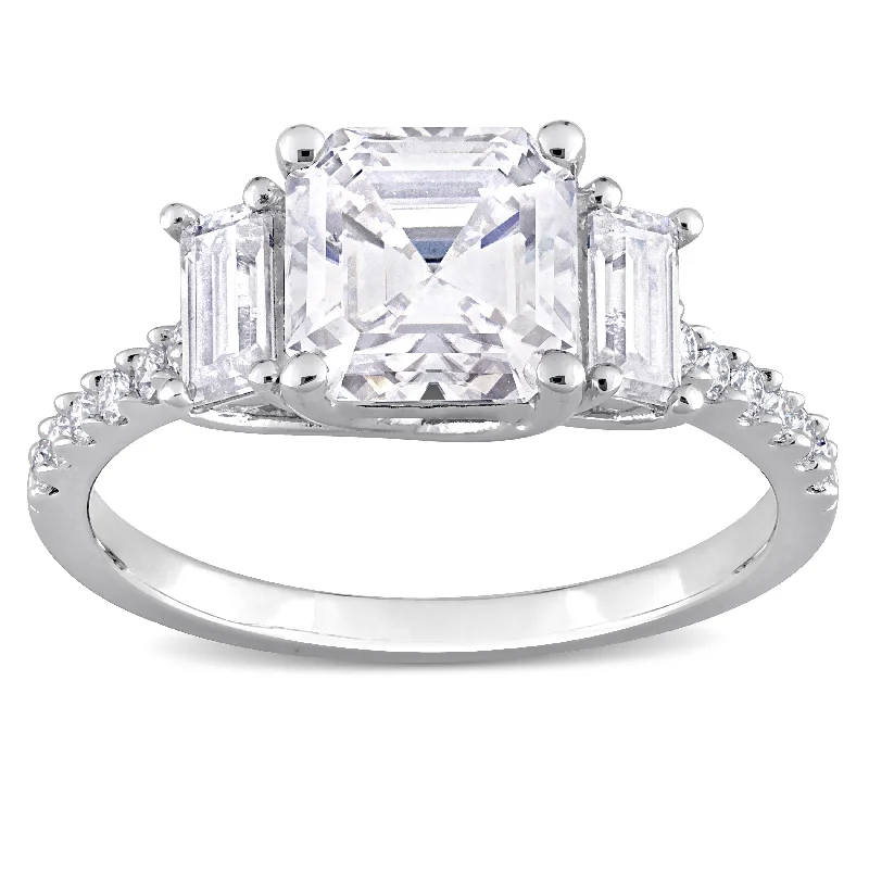 Miadora 2 5/8ct DEW Octagon Asscher-Cut Baguette-Cut and Created Moissanite 3-Stone Ring in Sterling Silver