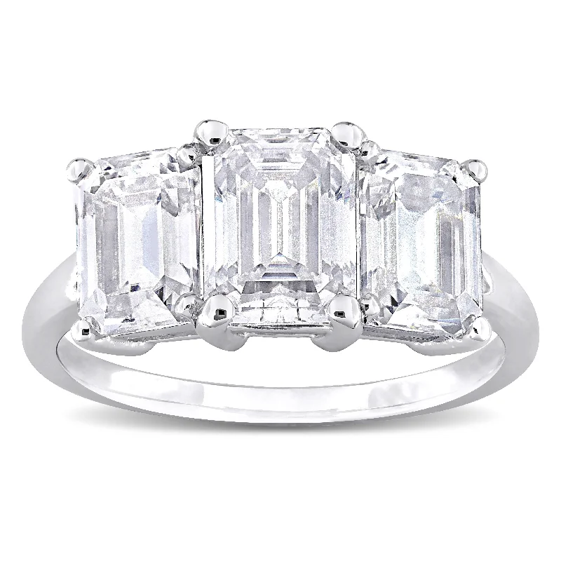 Miadora 3 3/4ct DEW Emerald-cut Created Moissanite Three-Stone Engagement Ring in Sterling Silver