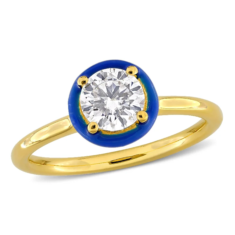 Miadora 3/4ct DEW Moissanite with Blue Enamel Solitaire Engagement Ring in Yellow Silver