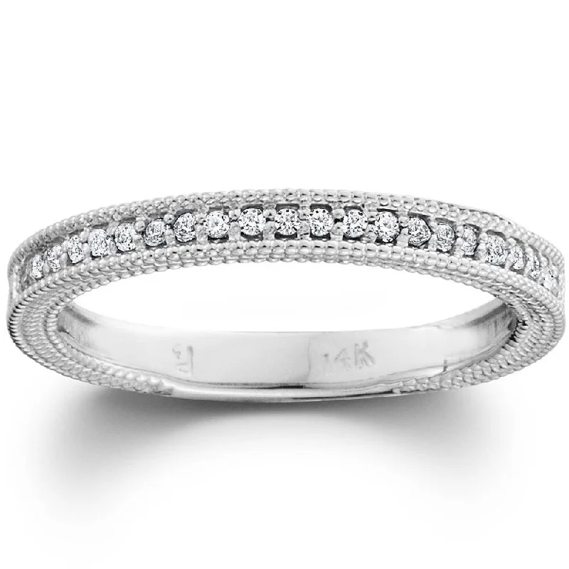 Pompeii3 10k White Gold 1/5 ct TDW Diamond Wedding Ring Stackable Womens Vintage Milgrain Anniversary Band