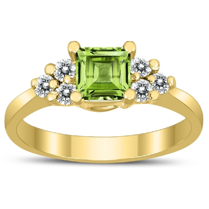 Princess Cut 5X5MM Peridot and Diamond Duchess Ring in 10K Yellow Gold