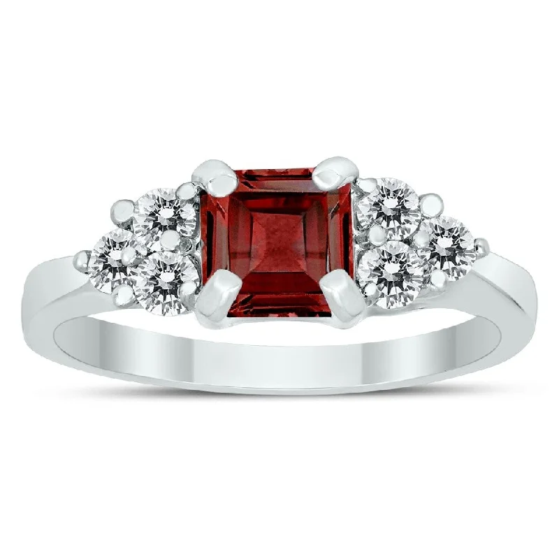 Princess Cut 6X6MM Garnet and Diamond Duchess Ring in 10K White Gold