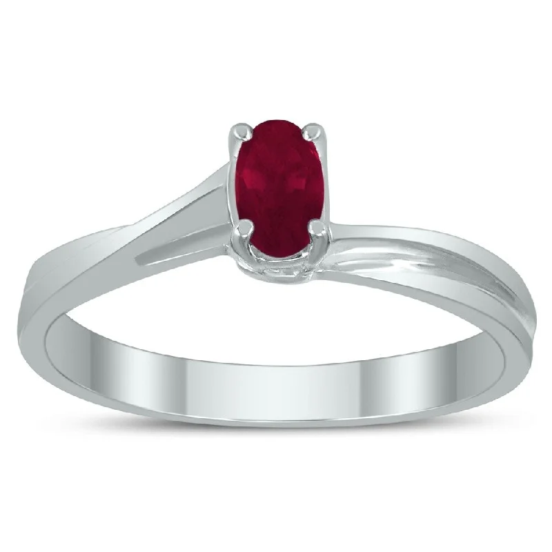 Solitaire Oval 5X3MM Ruby Gemstone Twist Ring in 10K White Gold