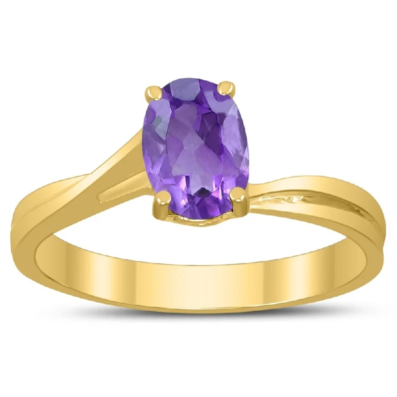 Solitaire Oval 7X5MM Amethyst Gemstone Twist Ring in 10K Yellow Gold