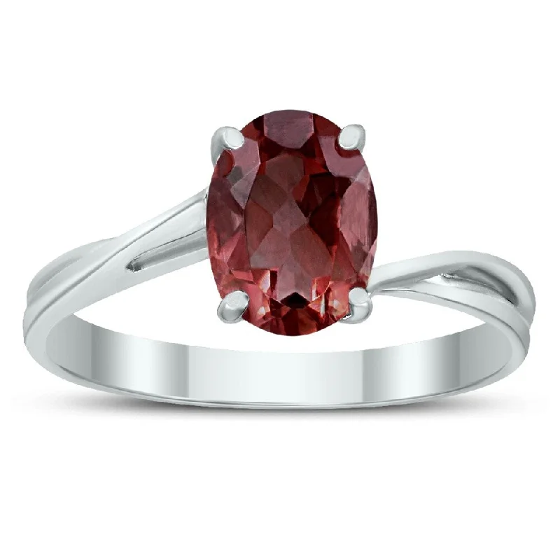 Solitaire Oval 8X6MM Garnet Gemstone Twist Ring in 10K White Gold