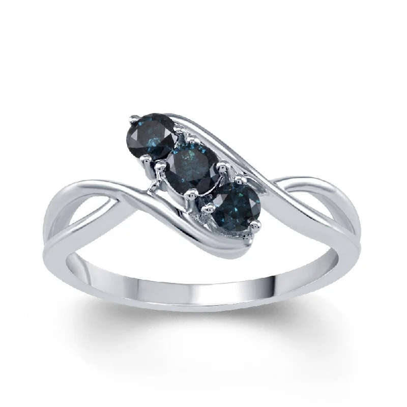 Sterling Silver 1/2ct TDW Blue Diamond 3-stone Ring