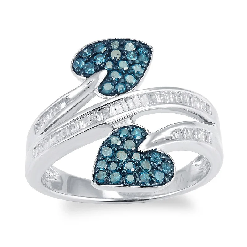 Sterling Silver 3/4ct TDW Blue and White Diamond Double Heart Ring