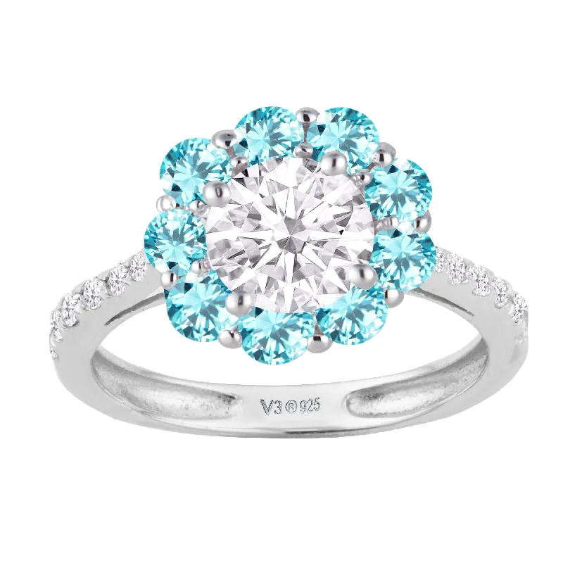 Sterling Silver Moissanite, Blue Zircon and White Diamond Halo Ring