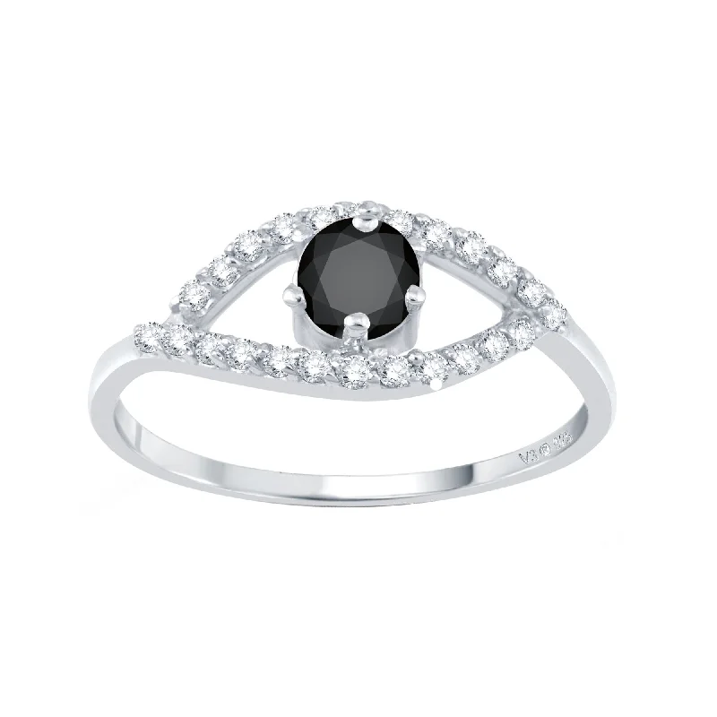 Sterling Silver Natural Black Diamond and White Zircon Evil Eye Ring