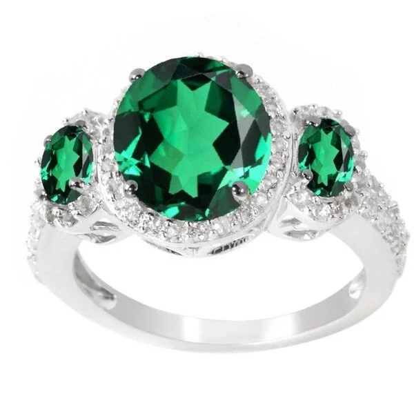 Sterling Silver Oval Emerald and White Topaz Three Stone Halo Ring - Green