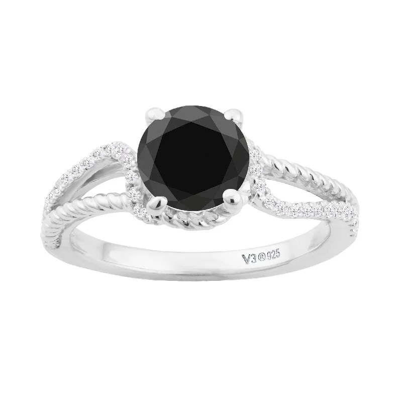 Sterling Silver with Black Diamond and White Diamond Engagement Ring