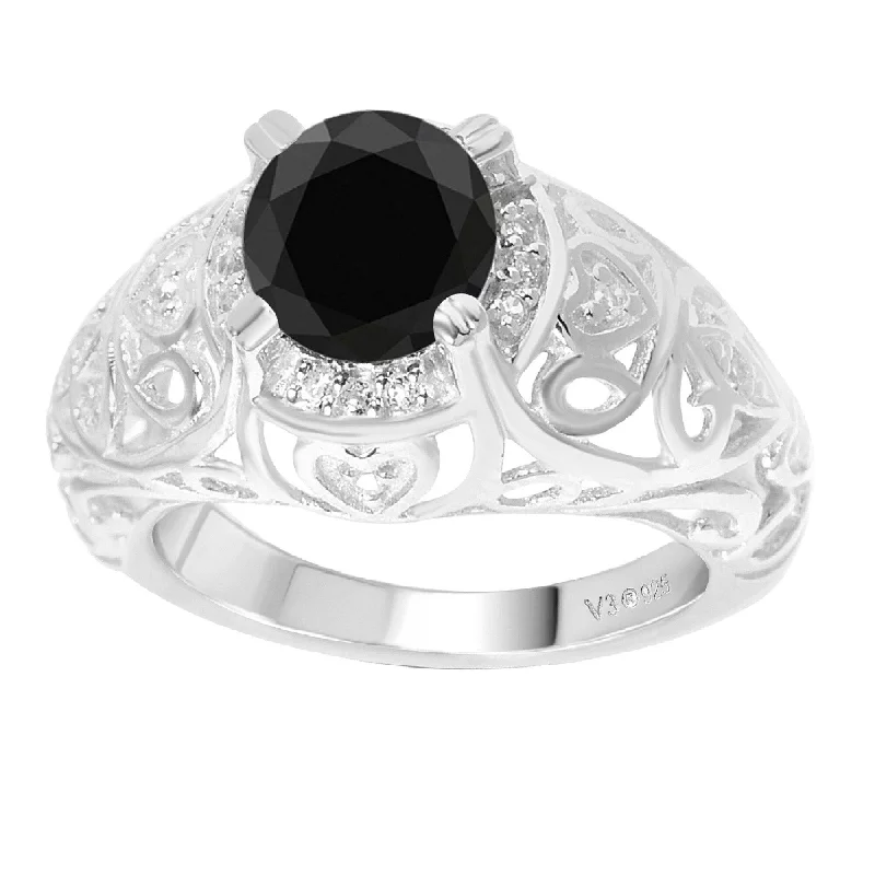 Sterling Silver with Genuine Black Diamond and White Topaz Halo Ring