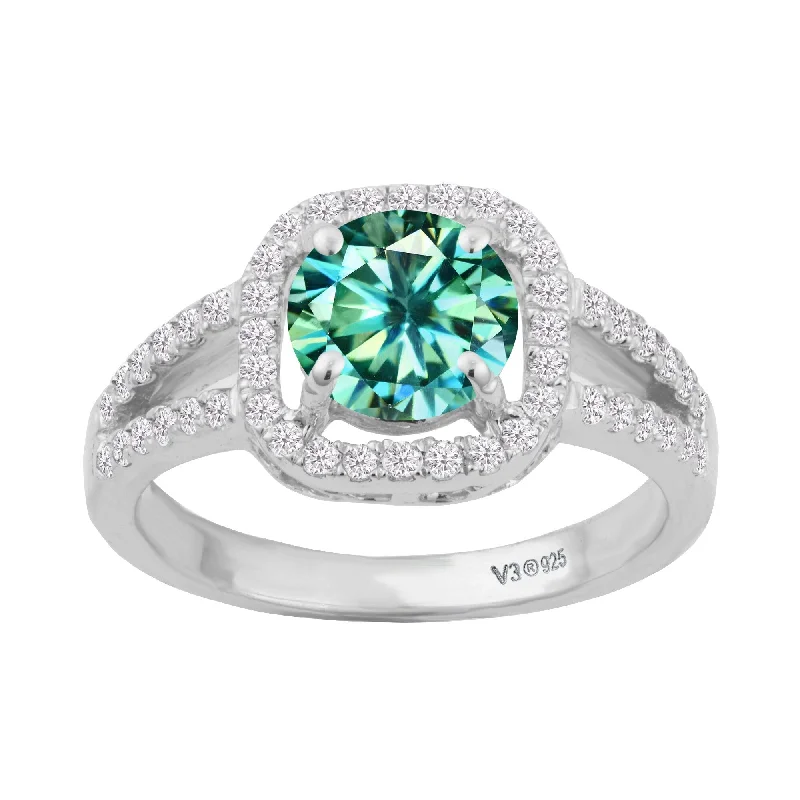 Sterling Silver with Green Moissanite and White Diamond Halo Ring