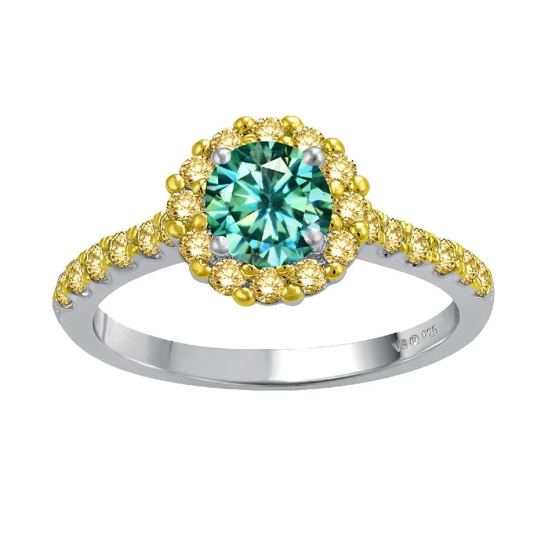 Sterling Silver with Green Moissanite and Yellow Sapphire Halo Ring