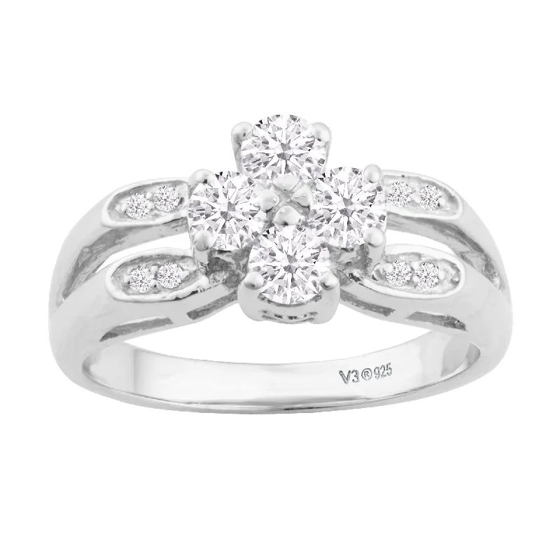 Sterling Silver with Moissanite and Genuine White Diamond Flower Ring