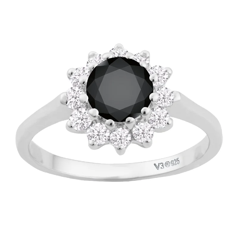 Sterling Silver with Natural Black Diamond and White Topaz Halo Ring