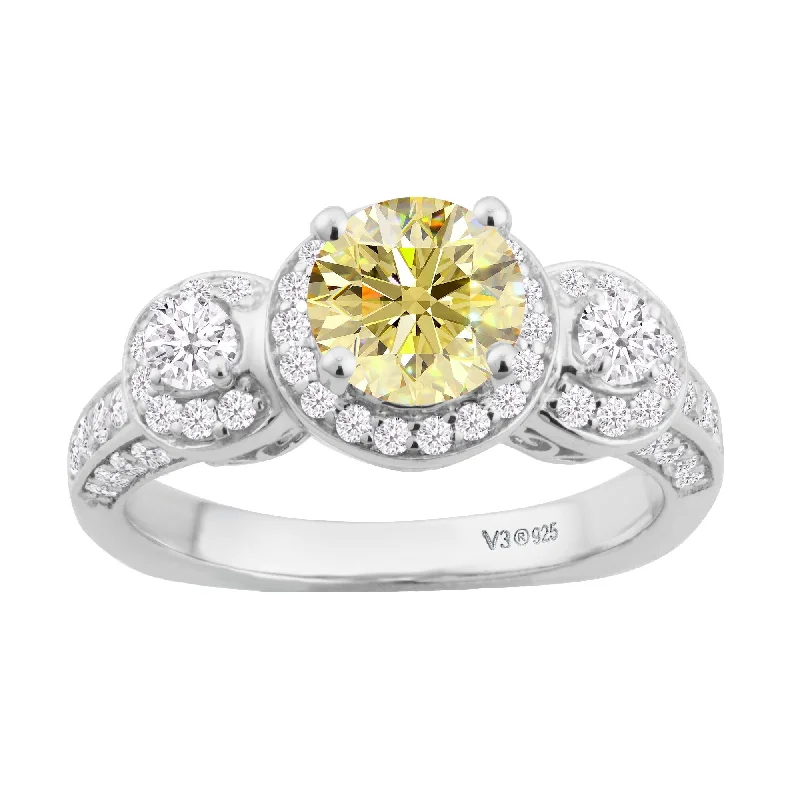 Sterling Silver with Yellow Moissanite & White Diamond 3 Stone Ring