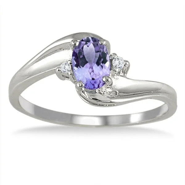 Tanzanite Gemstone and Diamond Wave Ring 14k White Gold