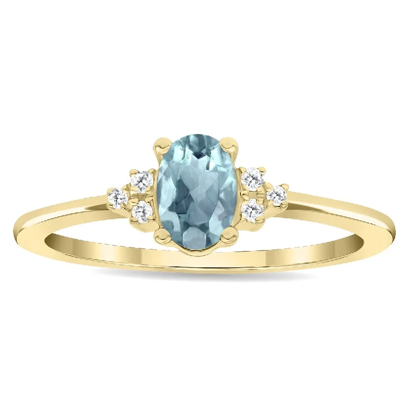 Women's Oval Shaped Aquamarine and Diamond Half Moon Ring in 10K Yellow Gold