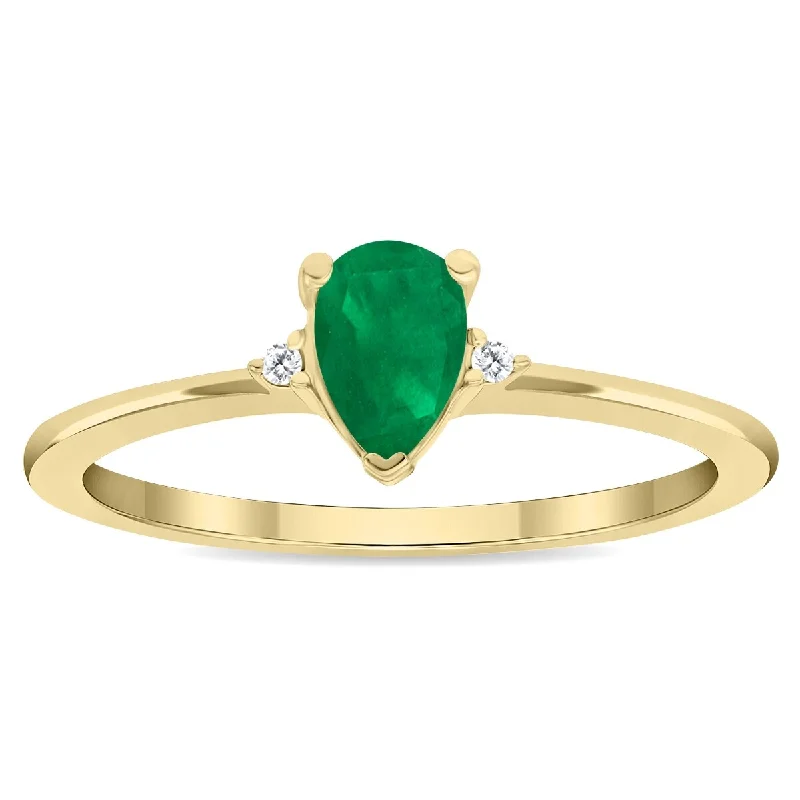 Women's Pear Shaped Emerald and Diamond Classic Band in 10K Yellow Gold