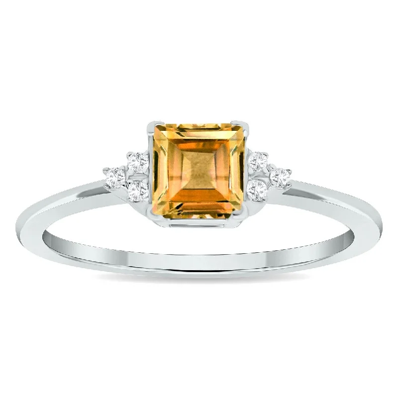 Women's Princess Cut Citrine and Diamond Half Moon Ring in 10K White Gold