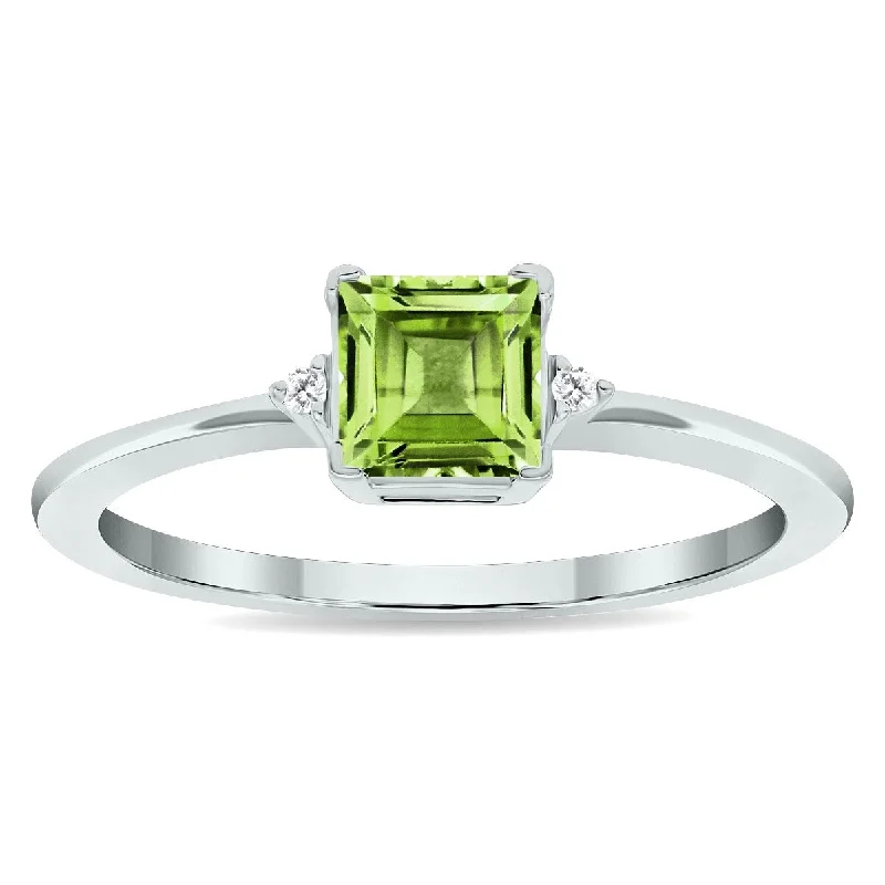 Women's Princess Cut Peridot and Diamond Classic Band in 10K White Gold