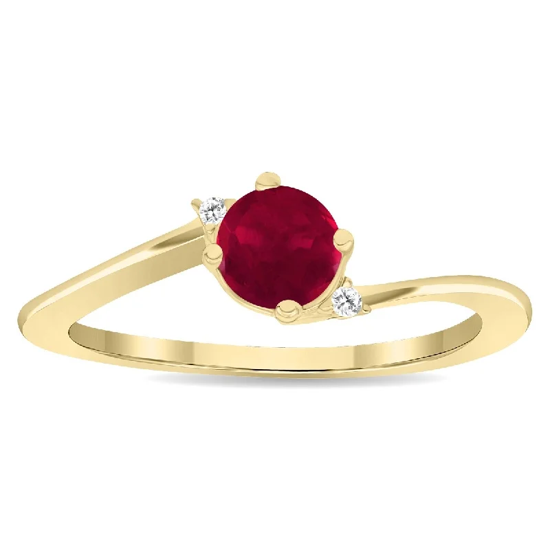 Women's Round Shaped Ruby and Diamond Wave Ring in 10K Yellow Gold