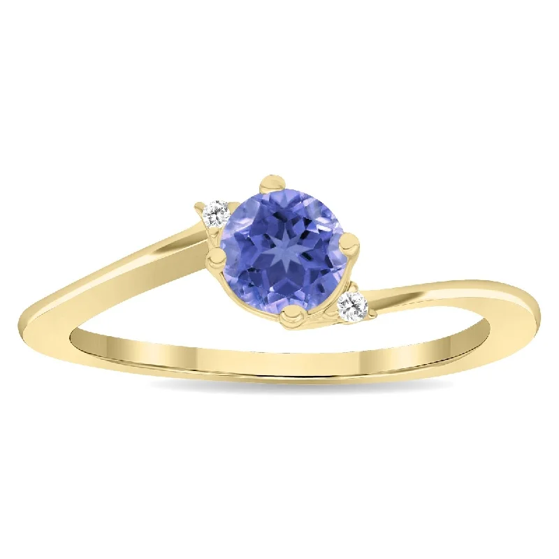 Women's Round Shaped Tanzanite and Diamond Wave Ring in 10K Yellow Gold